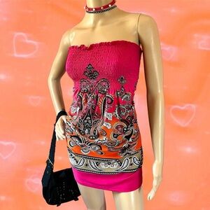 Y2K Vibrant Colorful Paisley Strapless Summer Dress